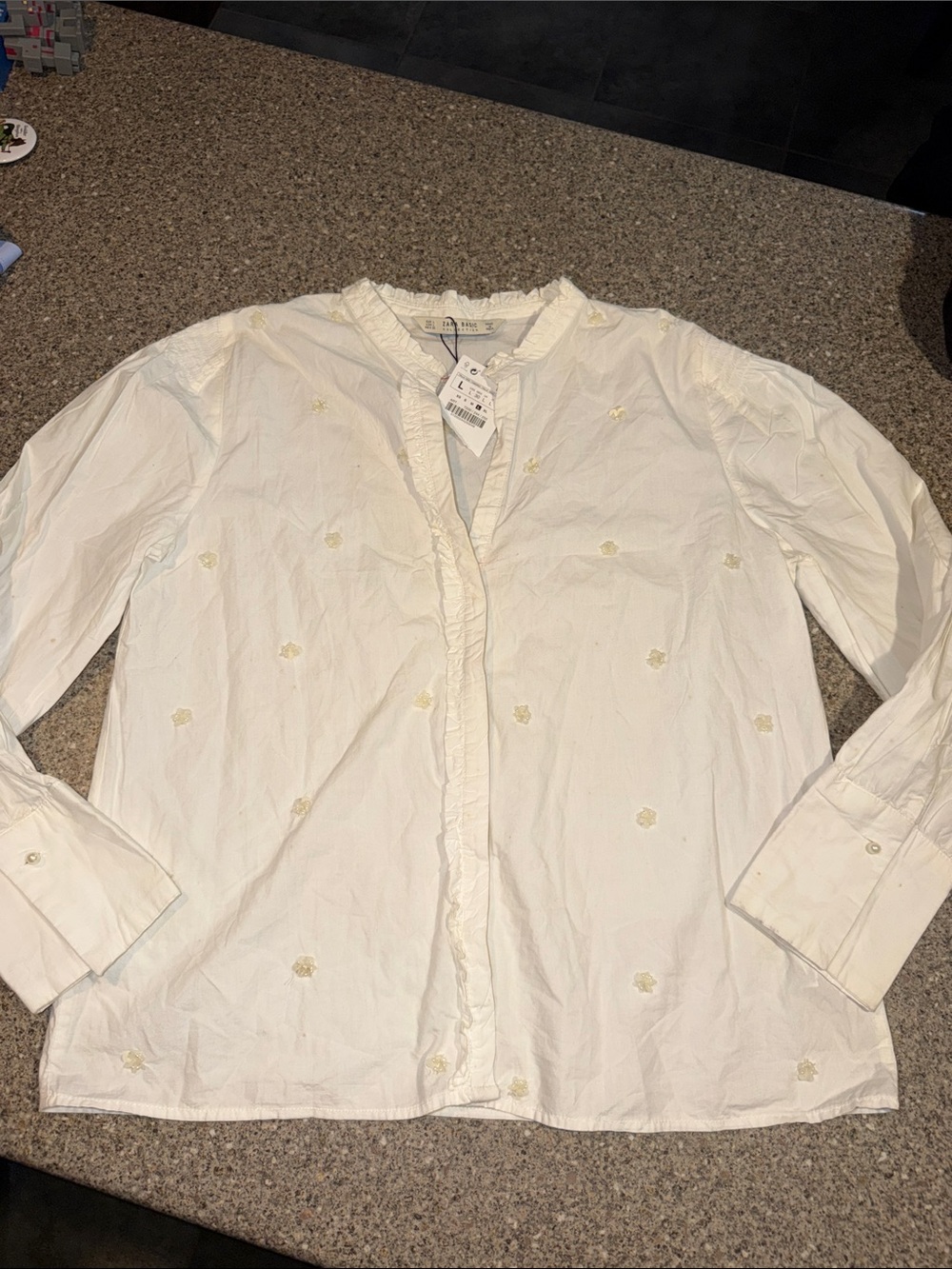 Zara White Ruffled Button-Front Blouse with sequin and pearls